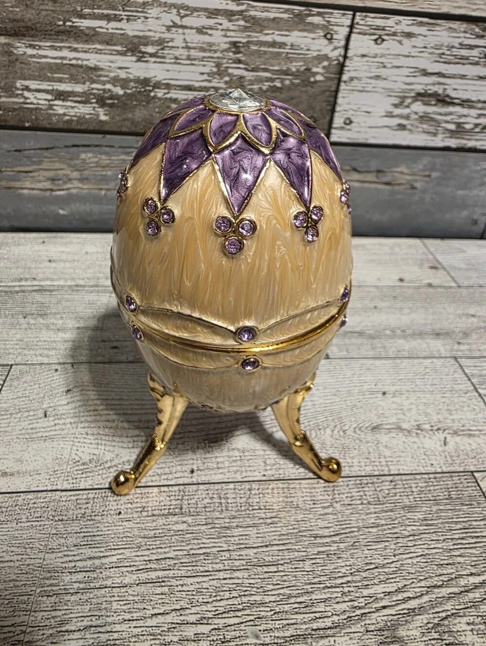 Ornate Decorative Egg Trinket Box in Cream and Purple